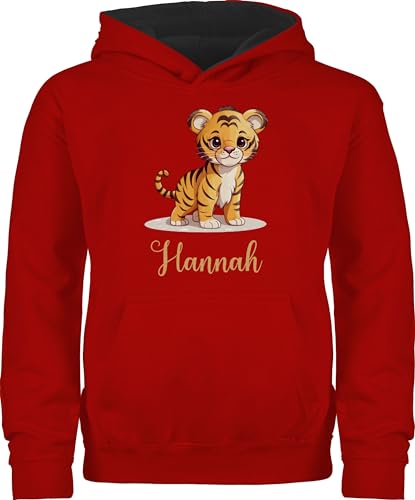 Pullover Kinder Hoodie Jungen Mädchen - Tiger mit Namen - Zootiere Tiermotiv - 140 (9/11 Jahre) - Rot/Schwarz - Tiger, von Geschenk mit Namen personalisiert by Shirtracer