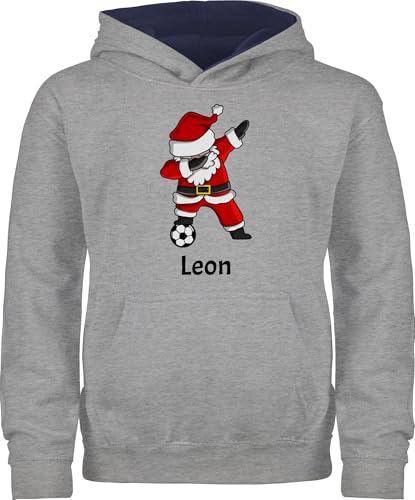 Pullover Kinder Hoodie Jungen Mädchen - Weihnachten Geschenke - Dabbing Weihnachtsmann mit Name und Fußball - 152 (12/13 Jahre) - Grau meliert/Navy Blau - Weihnachts Pulli Christmas Hoodi von Geschenk mit Namen personalisiert by Shirtracer