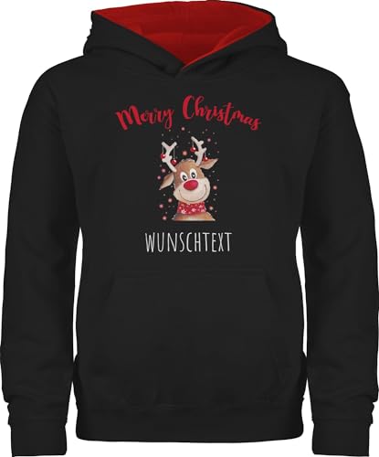 Pullover Kinder Hoodie Jungen Mädchen - Weihnachten Geschenke - Merry Christmas Rentier mit Sternen - 128 (7/8 Jahre) - Schwarz/Rot - Weihnachts weihnacht weihnachtliche weihnachtsmotive von Geschenk mit Namen personalisiert by Shirtracer