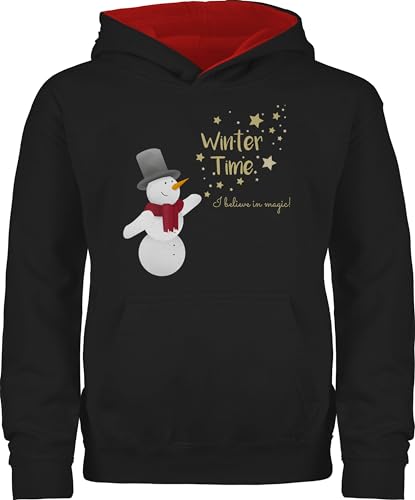 Pullover Kinder Hoodie Jungen Mädchen - Weihnachten - Schneemann mit Wunschtext Text I Winter Time - 116 (5/6 Jahre) - Schwarz/Rot - weinachts Baumwolle Weinachten Hoody weihnachtliches Christmas von Geschenk mit Namen personalisiert by Shirtracer