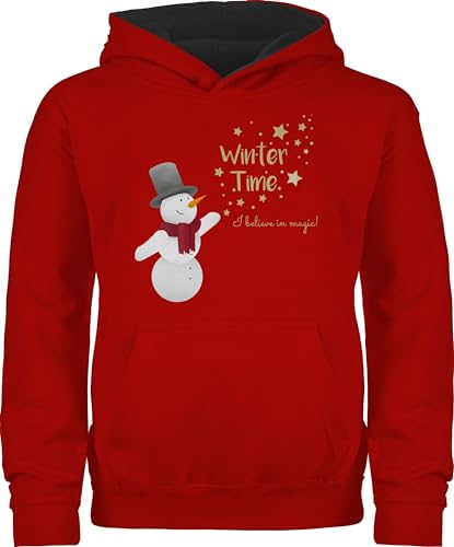 Pullover Kinder Hoodie Jungen Mädchen - Weihnachten - Schneemann mit Wunschtext Text I Winter Time - 140 (9/11 Jahre) - Rot/Schwarz - weinachts Baumwolle Weinachten Hoody weihnachtliches Christmas von Geschenk mit Namen personalisiert by Shirtracer