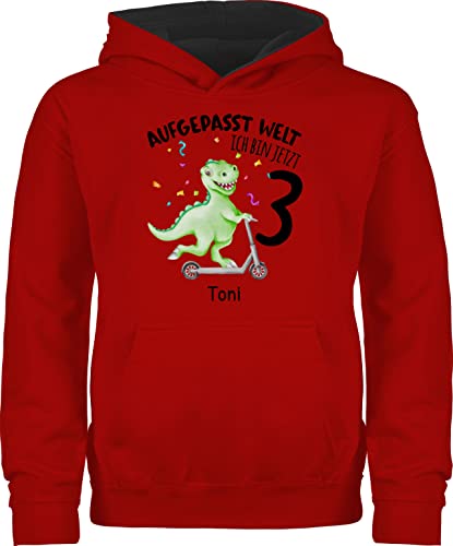 Pullover Kinder Hoodie Jungen Mädchen - 3. Geburtstag - Aufgepasst Welt - Ich bin jetzt 3 - Dino Dinosaurier Saurier - 104 (3/4 Jahre) - Rot/Schwarz - ab jahre dritter schon pulli 3.geburtstag von Geschenk mit Namen personalisiert by Shirtracer