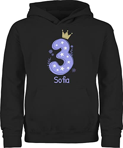 Kinder Hoodie Jungen Mädchen - 3. Geburtstag - Zahl DREI mit Krone und Name zum Dritten - 104 (3/4 Jahre) - Schwarz - 3 Jahren Pullover Kind Geschenke für dreijährige Hoodies dritter Pulli von Geschenk mit Namen personalisiert by Shirtracer