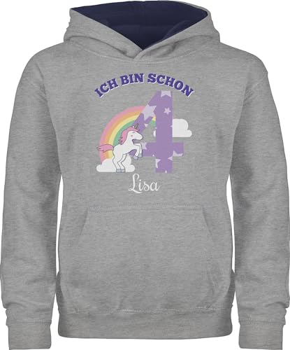 Pullover Kinder Hoodie Jungen Mädchen - 4. - Ich bin schon 4 - Einhorn Unicorn Fabelwesen - Vierter Geburtstag - 104 (3/4 Jahre) - Grau meliert/Navy Blau - jahre 4.geburtstag name von Geschenk mit Namen personalisiert by Shirtracer