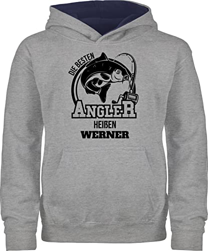 Pullover Kinder Hoodie Jungen Mädchen - Angeln - Angler Geschenk - 128 (7/8 Jahre) - Grau meliert/Navy Blau - Fisch Name Angel Geschenke angelzubehör fischen Sachen personalisierte von Geschenk mit Namen personalisiert by Shirtracer