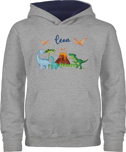 Pullover Kinder Hoodie Jungen Mädchen - Geschenk Dinosaurier personalisiert mit Name I Dino I Dinos - 116 (5/6 Jahre) - Grau meliert/Navy Blau - Pullover+Dinosaurier Tier trex Pulli Tieren Kita von Geschenk mit Namen personalisiert by Shirtracer