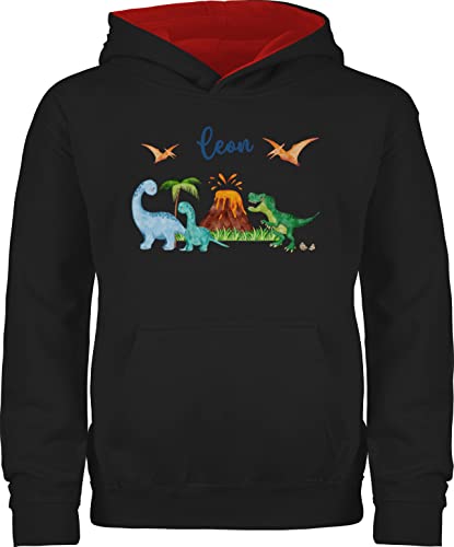 Pullover Kinder Hoodie Jungen Mädchen - Dinosaurier Dino Dinos - 140 (9/11 Jahre) - Schwarz/Rot - saurier Name Pulli Motiv wütender und Schulkind Tieren personalisierter Junge Pullover+Dinosaurier von Geschenk mit Namen personalisiert by Shirtracer