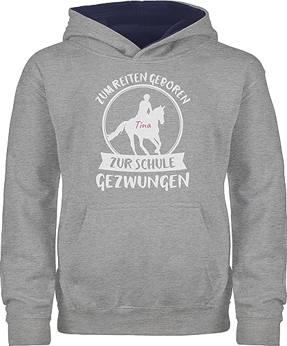 Pullover Kinder Hoodie Jungen Mädchen - Einschulung - Zum Reiten geboren zur Schule gezwungen Pferde Spruch - 152 (12/13 Jahre) - Grau meliert/Navy Blau - personalisierte Geschenke Schulanfang von Geschenk mit Namen personalisiert by Shirtracer