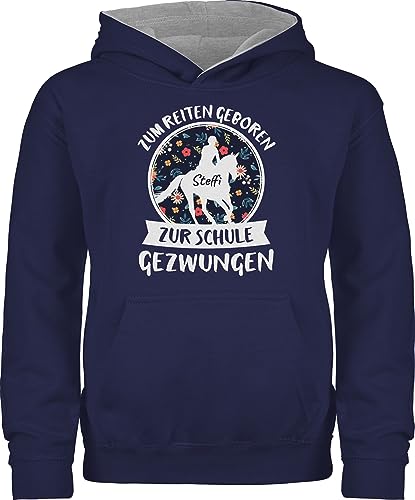 Pullover Kinder Hoodie Jungen Mädchen - Einschulung - Zum Reiten geboren zur Schule gezwungen Spruch Pferde - 152 (12/13 Jahre) - Navy Blau/Grau meliert - sprüche für den schulanfang grundschule von Geschenk mit Namen personalisiert by Shirtracer