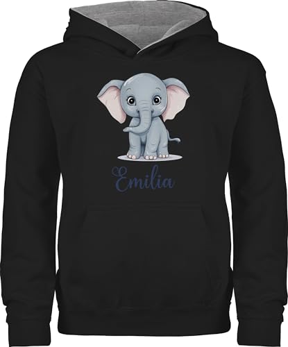 Pullover Kinder Hoodie Jungen Mädchen - Elefant Dickhäuter Rüsseltier mit Namen - Tiermotiv Zootier - 116 (5/6 Jahre) - Schwarz/Grau meliert - elefantenmotiv Elephant Elefanten Junge und Name von Geschenk mit Namen personalisiert by Shirtracer