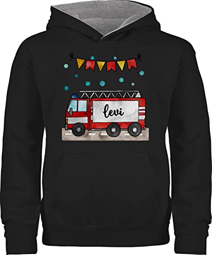 Pullover Kinder Hoodie Jungen Mädchen - Feuerwehr - Feuerwehrauto - Geschenk - 140 (9/11 Jahre) - Schwarz/Grau meliert - feuerwehrmann Kapuzenpullover feuerwehrgeschenk und Junge Feuerwehrfrau von Geschenk mit Namen personalisiert by Shirtracer