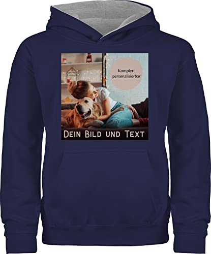 Pullover Kinder Hoodie Jungen Mädchen - eigenem - Foto Bild Geschenk - 128 (7/8 Jahre) - Navy Blau/Grau meliert - eigenes Design Geschenke die Man beschriften kann selbst Aufdruck Personalized von Geschenk mit Namen personalisiert by Shirtracer