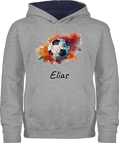 Pullover Kinder Hoodie Jungen Mädchen - Fußball Fußballer Fußballfan Fußballerin Geschenk - 116 (5/6 Jahre) - Grau meliert/Navy Blau - personalisierte Geschenke Fussball Hoodies fußballfans von Geschenk mit Namen personalisiert by Shirtracer