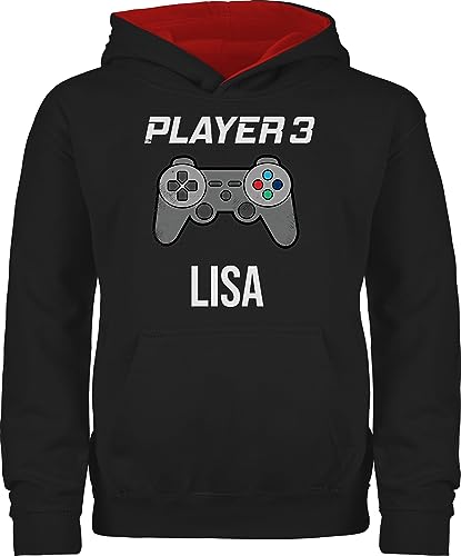 Pullover Kinder Hoodie Jungen Mädchen - Gaming - Player 3 Controller Spieler DREI Zocker Gamer Daddeln Partner Partnerin Geschenk - 152 (12/13 Jahre) - Schwarz/Rot - für zocken von Geschenk mit Namen personalisiert by Shirtracer