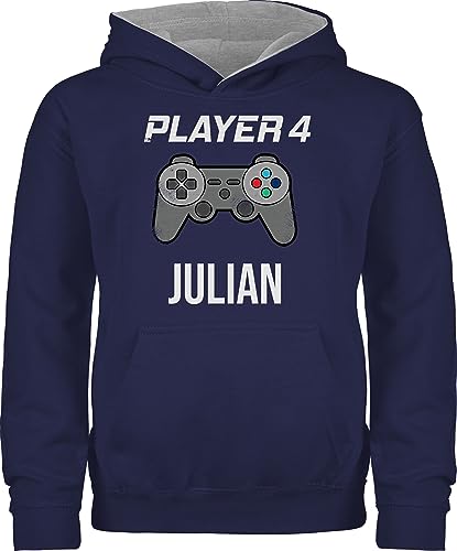 Pullover Kinder Hoodie Jungen Mädchen - Gaming - Player 4 Controller Spieler Vier Zocker Gamer Daddeln Partner Partnerin Geschenk - 152 (12/13 Jahre) - Navy Blau/Grau meliert - für zocken von Geschenk mit Namen personalisiert by Shirtracer