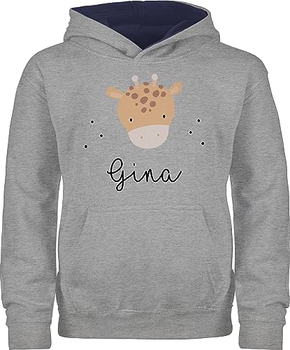 Geschenk mit Namen personalisiert by Shirtracer Pullover Kinder Hoodie Jungen Mädchen - Süße Giraffe Giraffen Giraffenmotiv - 152 (12/13 Jahre) - Grau meliert/Navy Blau - Name von Geschenk mit Namen personalisiert by Shirtracer