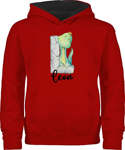 Pullover Kinder Hoodie Jungen Mädchen - Individuelles Name Anfangsbuchstabe für Junge - Dinos Dinosaurier Dino Buchstabe - 128 (7/8 Jahre) - Rot/Schwarz - Buchstaben personalisierte von Geschenk mit Namen personalisiert by Shirtracer