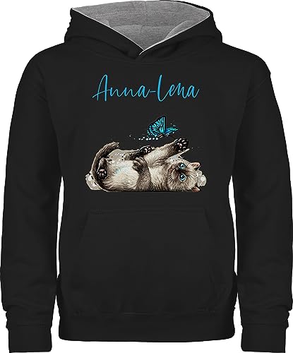 Pullover Kinder Hoodie Jungen Mädchen - Katzen - Süße verspielte Katze Cat - 140 (9/11 Jahre) - Schwarz/Grau meliert - katzenmotiv geschenke für eine katzenliebhaberin katzenmotiven cats von Geschenk mit Namen personalisiert by Shirtracer