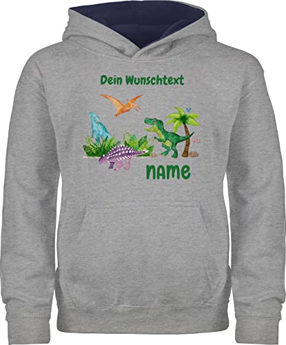 Pullover Kinder Hoodie Jungen Mädchen - Tiere - Dino Dinos Dinosaurier - 128 (7/8 Jahre) - Grau meliert/Navy Blau - kleine personalisierte Geschenke und Kind Tieren Name Tier Junge Elefant von Geschenk mit Namen personalisiert by Shirtracer