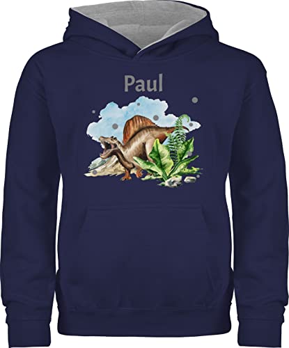 Pullover Kinder Hoodie Jungen Mädchen - Dinosaurier Dino - Dinos - 104 (3/4 Jahre) - Navy Blau/Grau meliert - Tier Name Pulli Tieren Hoddie saurier Junge Motiv personalisierter und von Geschenk mit Namen personalisiert by Shirtracer