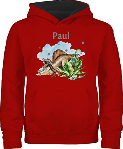 Pullover Kinder Hoodie Jungen Mädchen - Dinosaurier Dino - Dinos - 128 (7/8 Jahre) - Rot/Schwarz - Tieren Name Pulli Tier Hoddie saurier Junge Motiv personalisierter und von Geschenk mit Namen personalisiert by Shirtracer