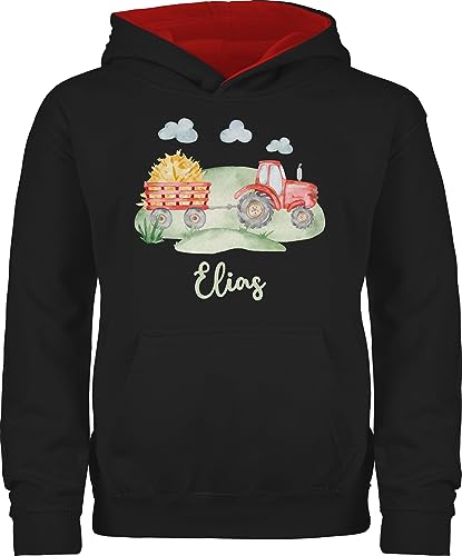 Pullover Kinder Hoodie Jungen Mädchen - Traktor Trecker Bauer Schlepper Landwirtschaft Bulldog - 104 (3/4 Jahre) - Schwarz/Rot - und Name Motiv personalisiertes Junge personalisierte von Geschenk mit Namen personalisiert by Shirtracer