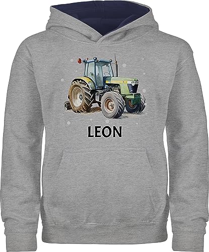 Pullover Kinder Hoodie Jungen Mädchen - Traktor - Trecker Name - 140 (9/11 Jahre) - Grau meliert/Navy Blau - für traktorfahrer Pulli Bulldog und eigenen Junge Geschenke traktormotiv schlepper von Geschenk mit Namen personalisiert by Shirtracer