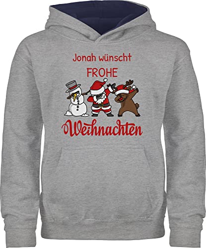 Pullover Kinder Hoodie Jungen Mädchen - Geschenke - Dabbing Santa Figuren Frohe Weihnachten - Wunschtext - 152 (12/13 Jahre) - Grau meliert/Navy Blau - personalisierte Weihnachts weihnachtsmotiv von Geschenk mit Namen personalisiert by Shirtracer