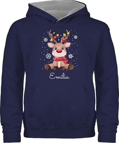 Pullover Kinder Hoodie Jungen Mädchen - Geschenke - Süßes Rentier mit Name Wunschtext I Geschenk Rentier Weihnachten I Rudolph Reindeer Rudolf - 116 (5/6 Jahre) - Navy Blau/Grau meliert von Geschenk mit Namen personalisiert by Shirtracer