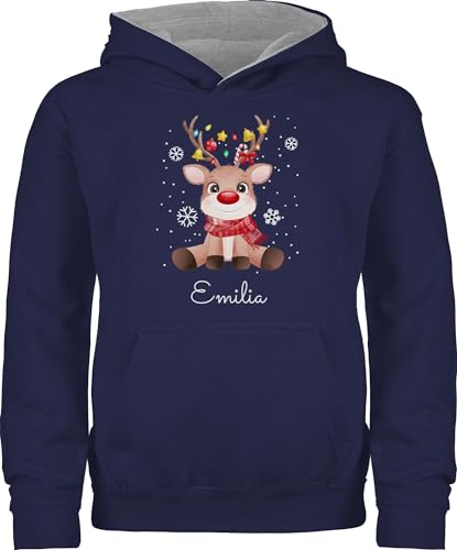 Pullover Kinder Hoodie Jungen Mädchen - Weihnachten Geschenke - Süßes Rentier mit Name Wunschtext - 128 (7/8 Jahre) - Navy Blau/Grau meliert - pullies weihnachtliches weihnachtsmotive von Geschenk mit Namen personalisiert by Shirtracer