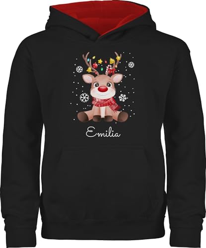 Pullover Kinder Hoodie Jungen Mädchen - Geschenke - Süßes Rentier mit Name Wunschtext I Geschenk Rentier Weihnachten I Rudolph Reindeer Rudolf - 152 (12/13 Jahre) - Schwarz/Rot - Weihnachts Xmas von Geschenk mit Namen personalisiert by Shirtracer