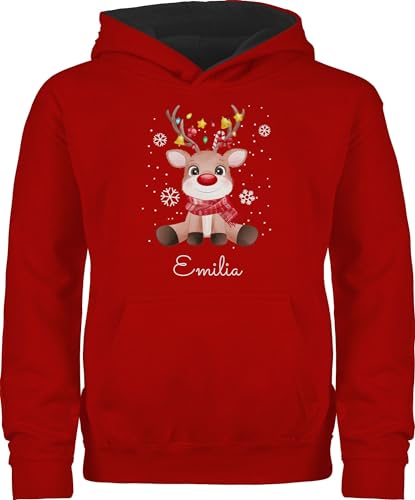 Pullover Kinder Hoodie Jungen Mädchen - Geschenke - Süßes Rentier mit Name Wunschtext I Geschenk Rentier Weihnachten I Rudolph Reindeer Rudolf - 152 (12/13 Jahre) - Rot/Schwarz - Weihnachts Xmas von Geschenk mit Namen personalisiert by Shirtracer