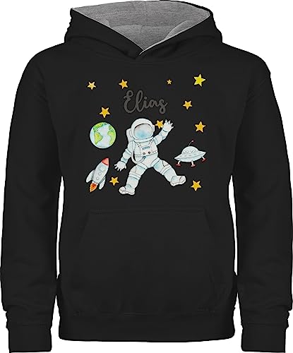 Pullover Hoodie Jungen Mädchen - Weltall - Astronaut Kinder Raumfahrt Weltraum Planet Geschenk - 128 (7/8 Jahre) - Schwarz/Grau meliert - NASA Name Astronauten Planeten Rakete von Geschenk mit Namen personalisiert by Shirtracer