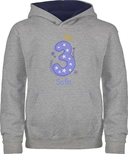 Pullover Kinder Hoodie Jungen Mädchen - 3. Geburtstag - Zahl DREI mit Krone und Name zum Dritten - 104 (3/4 Jahre) - Grau meliert/Navy Blau - 3 dritter 3.Geburtstag dreijährige Jahre Jahren von Geschenk mit Namen personalisiert by Shirtracer