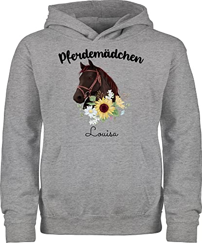 Kinder Hoodie Jungen - Pferd - Pferdemädchen Pferde Mädchen - 152 (12/13 Jahre) - Grau meliert - sachen für reiter pullover jungs hoddy reite kinderkleidung oberteil wunschtext pferdemotiv hoody von Geschenk mit Namen personalisiert by Shirtracer