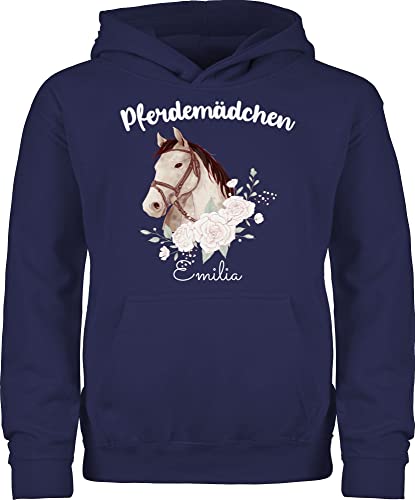 Kinder Hoodie Jungen Mädchen - Pferd Pferde - Pferdemädchen mit Name personalisiert I Geschenk Pferdeliebhaber - 128 (7/8 Jahre) - Navy Blau - Reiter Geschenke pferdepullover reiten pferden von Geschenk mit Namen personalisiert by Shirtracer