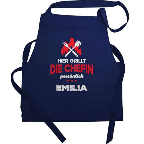 Schürze - Grillschürze Damen - Hier grillt die Chefin persönlich mit Name - Lustig Grillen Frauen - 60x87 - Navy Blau - frau am grill für grillschürzen kochschürze von Geschenk mit Namen personalisiert by Shirtracer