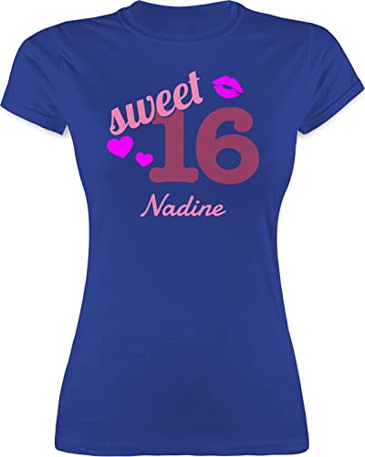 Shirt Damen - 16. Geburtstag - Sweet Sixteen - Kussmund Herz Name - zum Sechzehnten - S - Royalblau - Birthday t-Shirt 16 mädchen Jahre Shirts t Tshirt tischert Sommer t-Shirts Tshirts Frauen Girl von Geschenk mit Namen personalisiert by Shirtracer