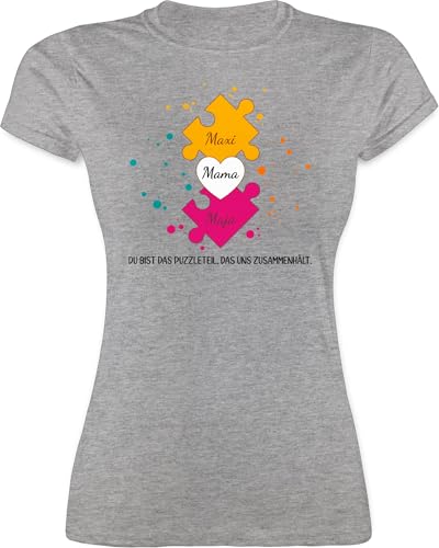 Shirt Damen - Muttertag - Muttertagsgeschenk für Mama von 2 Kindern Puzzlestücke mit Namen I Geschwister Geschenk Zwei Kinder für Mutter Weihnachten - XL - Grau meliert - muttertags Tshirt mom von Geschenk mit Namen personalisiert by Shirtracer