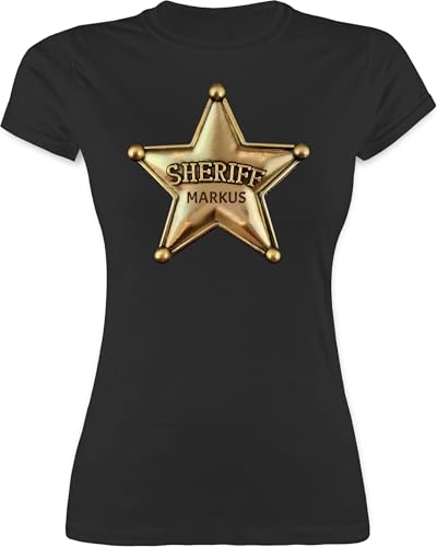 Shirt Damen - Karneval Fasching - Sheriff Stern mit Name personalisiert I Cowboy Kostüm Sheriff Stern I Sheriffstern Wilder Westen Kostüm Cowgirl I Fastnacht - M - Schwarz - faschingst-Shirt von Geschenk mit Namen personalisiert by Shirtracer