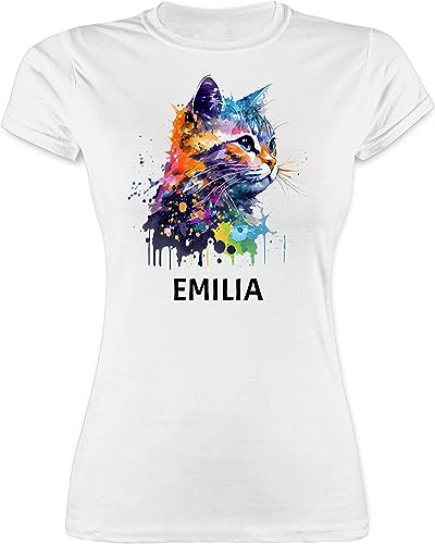 Shirt Damen - Katze Cat Citten Katzen Cats Katzenlieberhaber - L - Weiß - katzenmotiv Name t katzenliebhaberin katzenbesitzerin für Katzenfreunde Katzenliebhaber katzenfreund personalisierte von Geschenk mit Namen personalisiert by Shirtracer