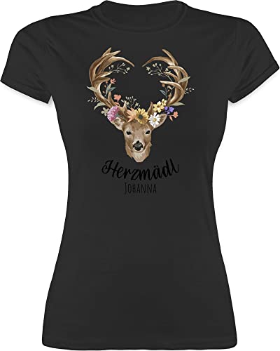 Shirt Damen - Kompatibel Oktoberfest - Herzmädl Hirsch Geweih Hirschgeweih MADL - XL - Schwarz - Tshirt als Dirndl bayrische t-Shirts Frau Trachten Name t-Shirt bayrischer Abend Outfit von Geschenk mit Namen personalisiert by Shirtracer