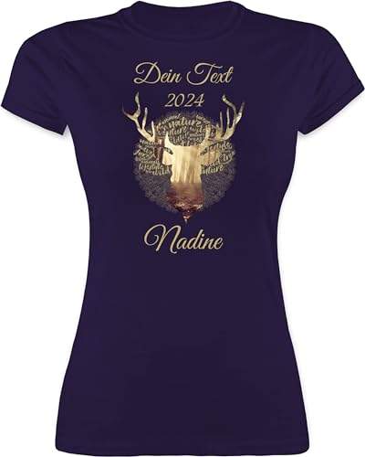 Shirt Damen - Kompatibel Oktoberfest - Tag Cloud - Hirsch und Name in Gold - S - Lila - bayrische Tshirt mädchen Tshirts Frauen tailliertes t-Shirts t-Shirt Shirts t Kurzarm Frau personalisierte von Geschenk mit Namen personalisiert by Shirtracer