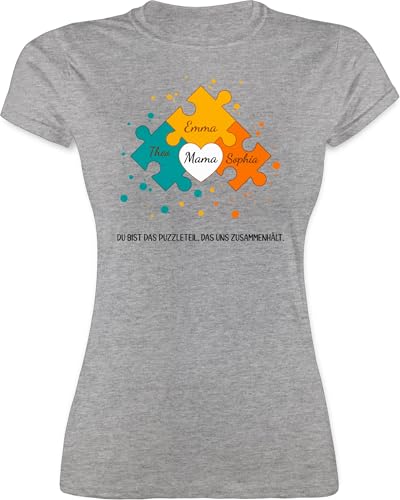 Shirt Damen - Muttertag - Weihnachten Geschenk für Mama von 3 Kindern Puzzlestücke mit Namen I Muttertagsgeschenk von DREI Geschwistern für Mutter I Mama Geschenke - XXL - Grau meliert - t Kinder von Geschenk mit Namen personalisiert by Shirtracer