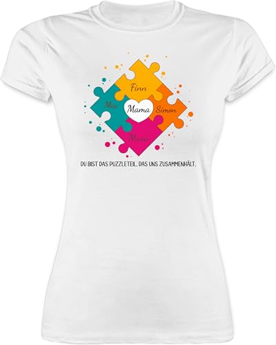 Shirt Damen - Muttertag - Muttertagsgeschenk für Mama von 4 Kindern Puzzlestücke I Geschwister Geschenk mit Namen von Vier Töchtern für Mutter Geschenk Weihnachten - L - Weiß - 4kinder von Geschenk mit Namen personalisiert by Shirtracer