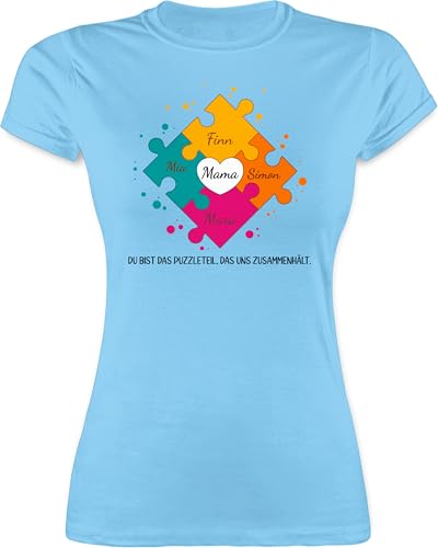 Shirt Damen - Muttertag - Muttertagsgeschenk für Mama von 4 Kindern Puzzlestücke I Geschwister Geschenk mit Namen von Vier Töchtern für Mutter Geschenk Weihnachten - M - Hellblau - 4kinder von Geschenk mit Namen personalisiert by Shirtracer