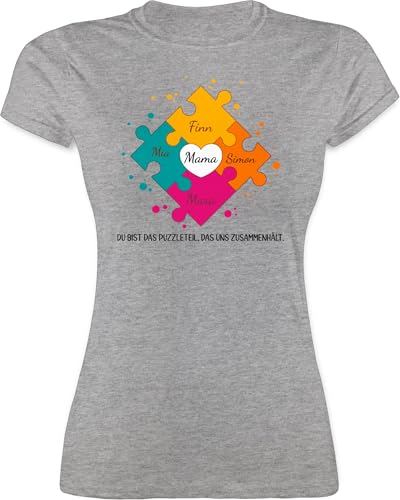 Shirt Damen - Muttertag - Muttertagsgeschenk für Mama von 4 Kindern Puzzlestücke I Geschwister Geschenk mit Namen von Vier Töchtern für Mutter Geschenk Weihnachten - XL - Grau meliert - 4kinder von Geschenk mit Namen personalisiert by Shirtracer