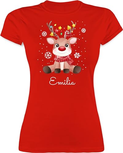 Shirt Damen - Süßes Rentier mit Name Wunschtext I Geschenk Rentier Weihnachten I Rudolph Reindeer Rudolf - S - Rot - Christmas Shirts weinachts Xmas Tshirt Weinachten elch Baumwolle von Geschenk mit Namen personalisiert by Shirtracer