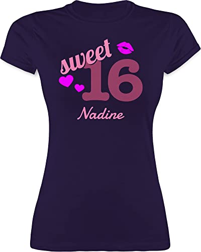 Shirt Damen - 16. Geburtstag - Sweet Sixteen - Kussmund Herz Name - zum Sechzehnten - M - Lila - Birthday t-Shirt 16 t mädchen Jahre Tshirts Tshirt tischert Sommer Shirts t-Shirts Girl Frauen von Geschenk mit Namen personalisiert by Shirtracer