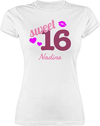 Shirt Damen - 16. Geburtstag - Sweet Sixteen - Kussmund Herz Name - zum Sechzehnten - XL - Weiß - Birthday t-Shirt 16 t mädchen Jahre tischert Sommer Tshirt Tshirts Shirts t-Shirts Frauen Girl von Geschenk mit Namen personalisiert by Shirtracer